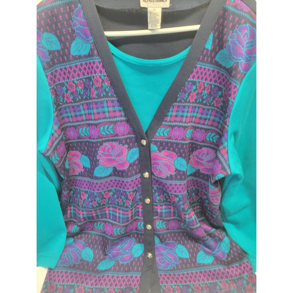 Alfred Dunner Women's 2X Teal Blue Rose‎ Plaid Cardigan Sweater Set